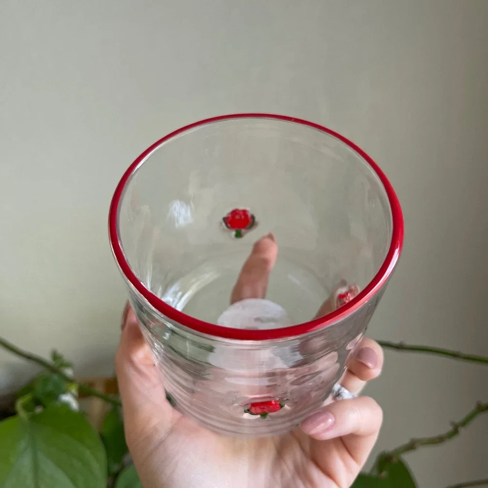 Vintage Style 3D Embossed Red Rose Glass Tumbler with Red Rim Floral Drinkware